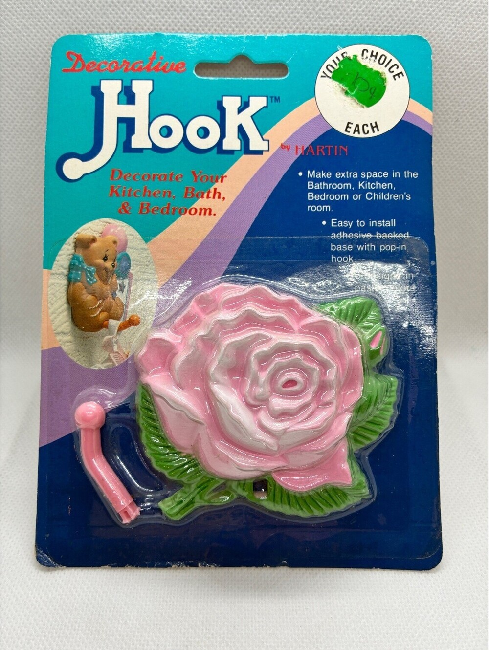 Vintage Hartin JHook Decorative Adhesive Rose Wall Hook Pink Green White New